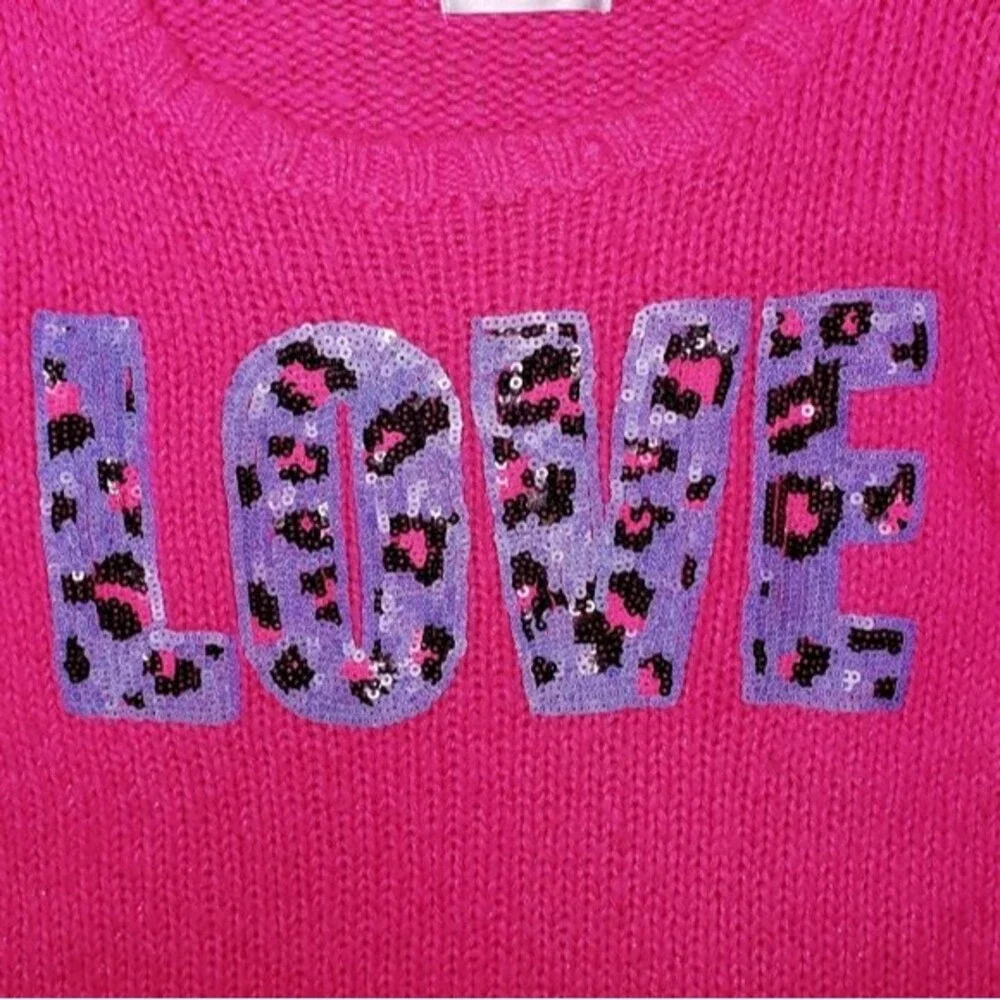 JUSTICE LOVE HOT NEON PINK SEQUINED SWEATER SIZE 12